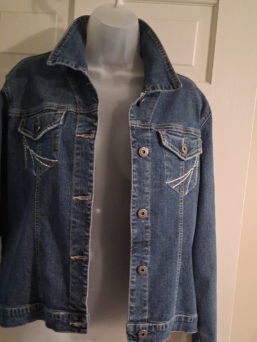 Ethyl Classic Blue Denim Jean Jacket with Subtle Rhinestone Detail